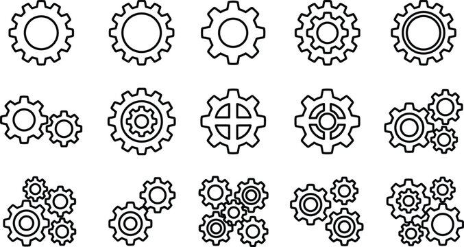 Gear icon set, cogwheel collection, mechanical symbols, engineering elements, industrial line icons, technology shapes, machine parts illustration, vector design pack