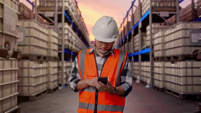 Asian Male Engineer With Safety Helmet Using Smartphone While Standing at Warehouse with Containers and Barrels