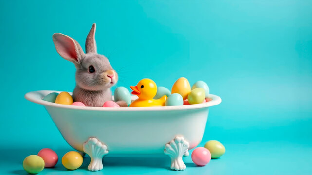 Cute rabbit in a tub with Easter eggs and a rubber uck on a blue background. The concept of a bright Easter holiday
