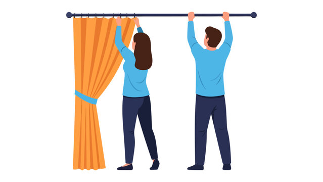 Draping Dreams: A pair of individuals arranges window curtains, their actions a blend of practicality and aesthetic enhancement. 