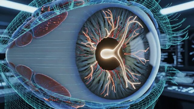 Detailed 3D animation of the human eye, showcasing its intricate anatomy and functions.