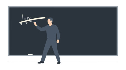 Teacher at Blackboard: A dedicated educator, engaged in the art of instruction, stands confidently before a large blackboard, with chalk in hand. © FARHANA