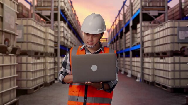 Asian Male Engineer With Safety Helmet Working On A Laptop And Looking Around While Standing at Warehouse with Containers and Barrels