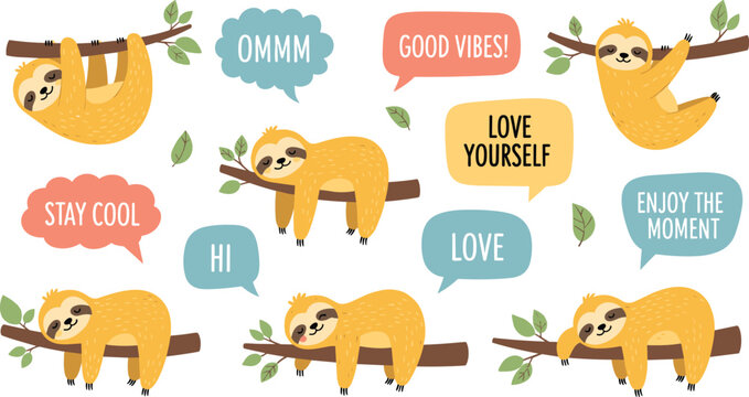 Cute sloth characters collection with motivational quotes and speech bubbles cartoon animals vector illustration set