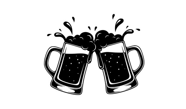 Beer mugs toasting silhouette vector clinking glass steins Oktoberfest celebration isolated on white
