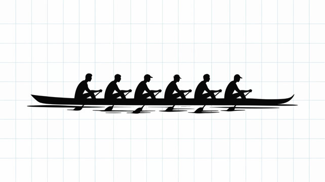 Silhouette of six rowers in a boat paddling together in unison depicted in minimalist black and white vector style emphasizing teamwork and coordination