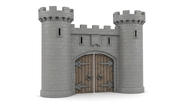 A 3d rendered illustration of a medieval castle gate with tall stone towers on a white background