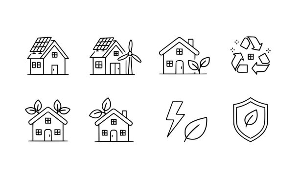 Eco friendly home line icons sustainable housing renewable energy vector isolated on white