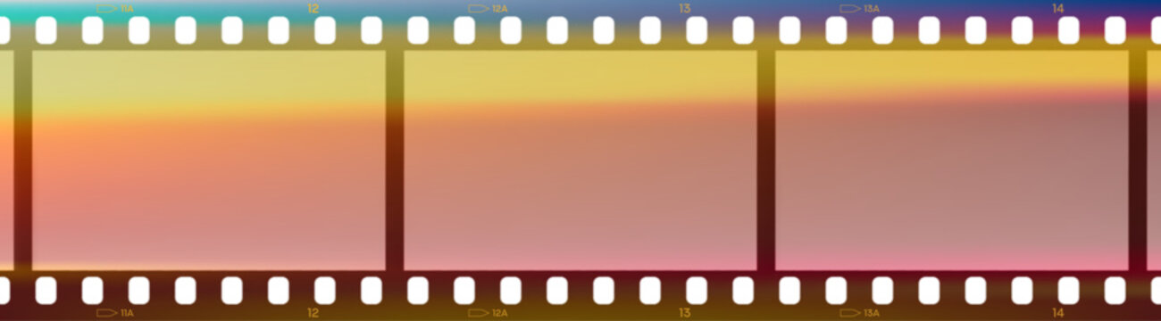 Vintage 35mm photo film strip with light leak effects. Vector old analog overlay filter with sprocket holes and flare gradients perfect for retro video border, cinematic mockup, nostalgic photo edit.