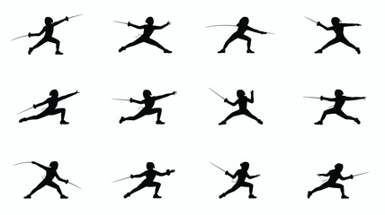 Fototapeta premium Silhouettes of fencers in dynamic poses showcasing lunges parries and attacks in a minimalist black and white design perfect for sports and action themes