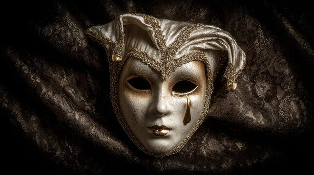 Elegant Venetian Pierrot Mask with Golden Teardrop and Ornate Trim