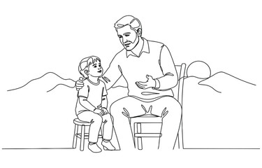 Fototapeta premium Continuous line drawing of young dad giving some wise advice talk to his child.