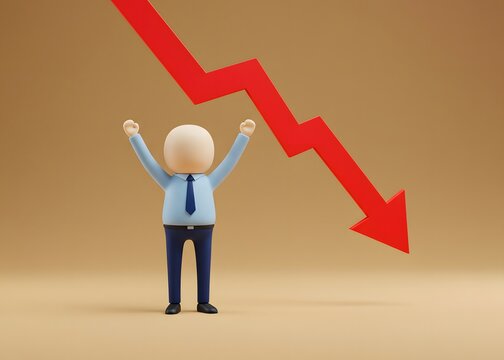 An office worker and a downward arrow. Mass layoffs, salary cuts. Economic crisis, instability and lack of activity. Financial crisis, inflation and unemployment.