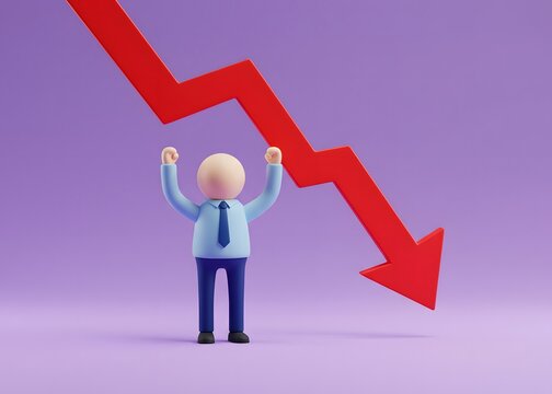 An office worker and a downward arrow. Mass layoffs, salary cuts. Economic crisis, instability and lack of activity. Financial crisis, inflation and unemployment.