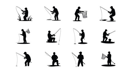 Fototapeta premium Silhouettes of fishermen engaging in various fishing activities with rods nets and buckets in minimalist black and white style