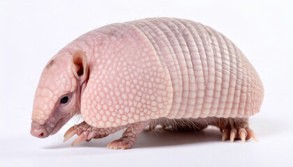 Obraz premium Armadillo standing on white surface with armored shell and sharp claws visible in studio photography