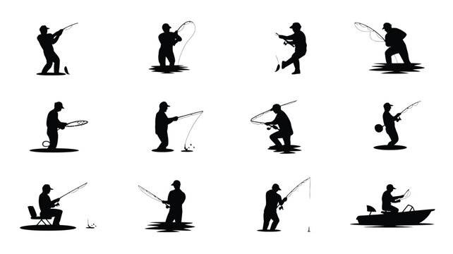 Silhouettes of people fishing in various poses including standing kneeling and sitting with rods and lines cast into water depicting leisure and outdoor recreation