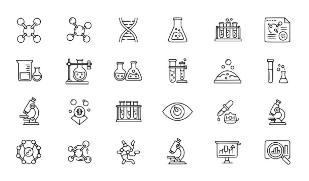 Science laboratory vector icons editable stroke chemistry DNA microscope molecule isolated on white