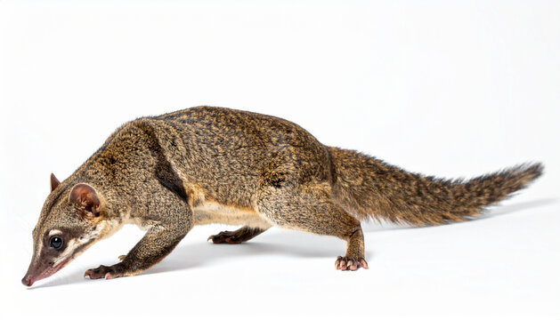 A brown civet cat walking on a white background, viewed from the side, showcasing its fur texture and posture.