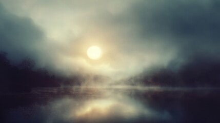 Fototapeta premium Misty sunrise over a tranquil lake reflecting soft golden light and distant hills