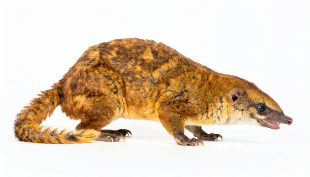 A brown genet in motion, captured from a side view, showcasing its fur and stance on a white background.