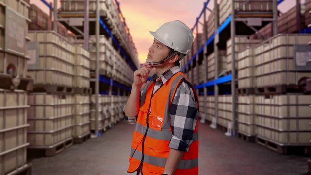 Side View Of Asian Male Engineer With Safety Helmet Thinking And Looking Around Then Raising His Index Finger While Standing at Warehouse with Containers and Barrels