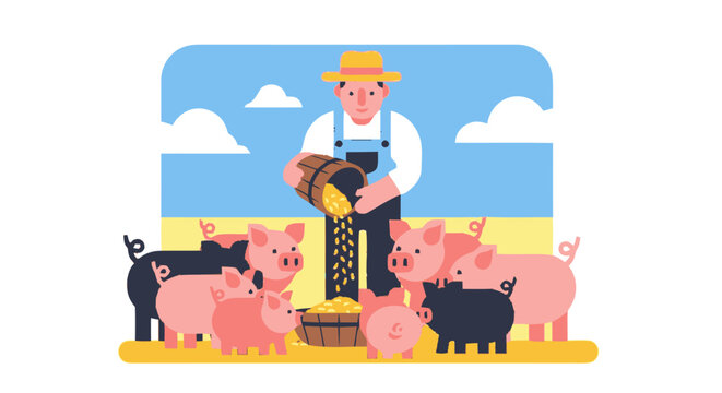 Farmer feeding pigs on a farm with food from a bucket.
