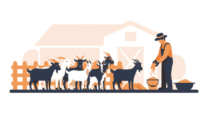 Farmer feeding herd of goats on a farm.