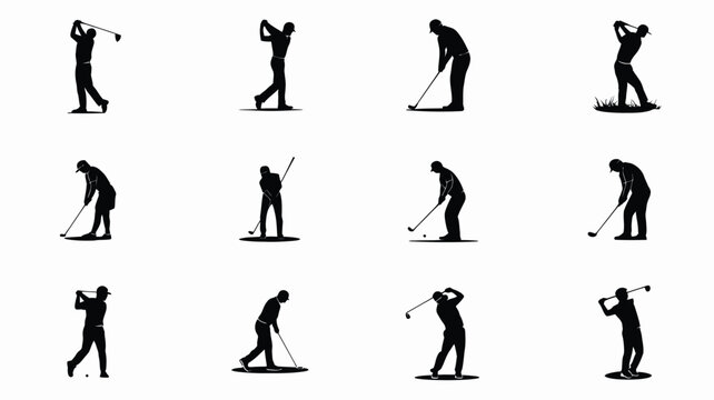 Silhouettes of golfers demonstrating various dynamic poses in a minimalist style isolated on white background
