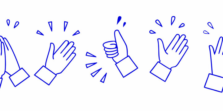 A series of blue line drawing hands shown clapping and celebrating