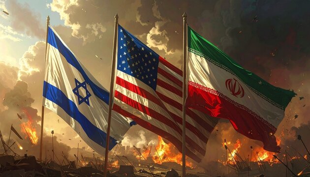 "Three national flags of Israel, the United States, and Iran waving in the foreground amidst smoke, fire, and debris, set against a chaotic backdrop symbolizing geopolitical conflict and tension."