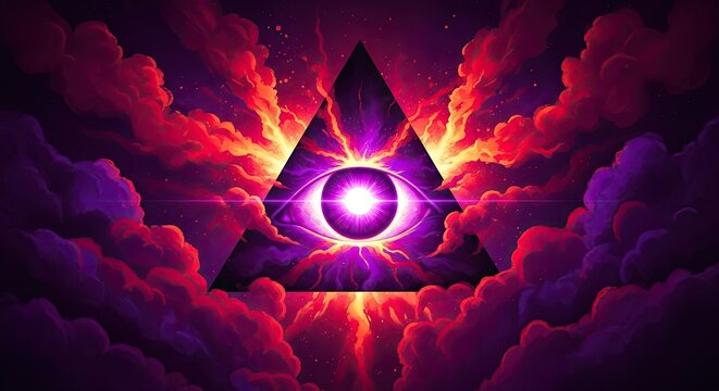 Illuminati symbol masonic all seeing eye of providence in triangle with fiery clouds