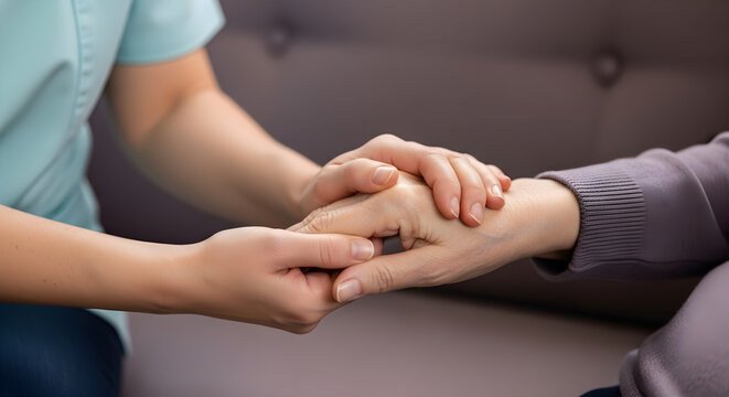 Caring hands offering comfort and support to an elderly person, symbolizing compassion and empathy in healthcare or home care settings
