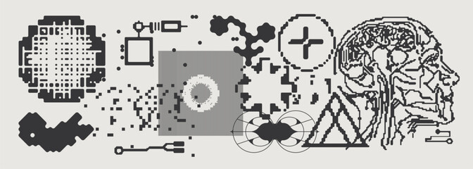 Obraz premium Abstract Vector Graphics Collection, Y2K Brutalist Style, Cyberpunk Glitch Elements, Pixelated Geometric Shapes.