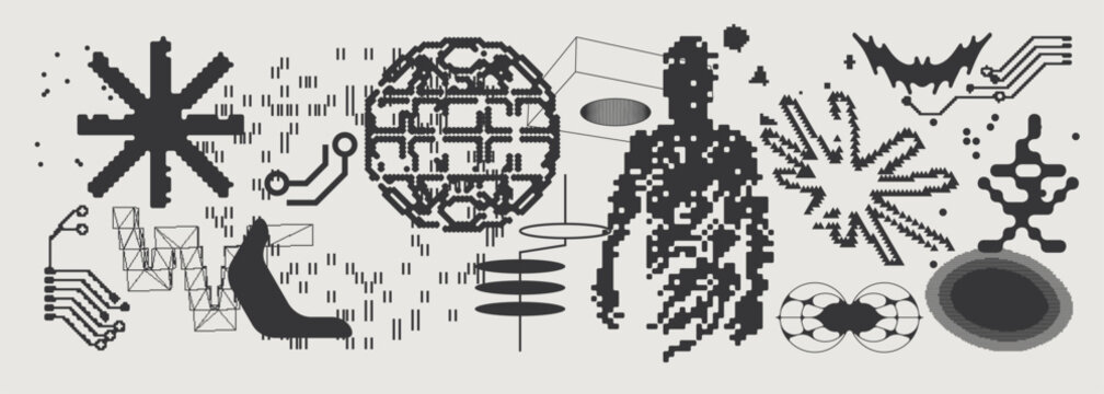 Abstract Vector Graphics Collection, Y2K Brutalist Style, Cyberpunk Glitch Elements, Pixelated Geometric Shapes.