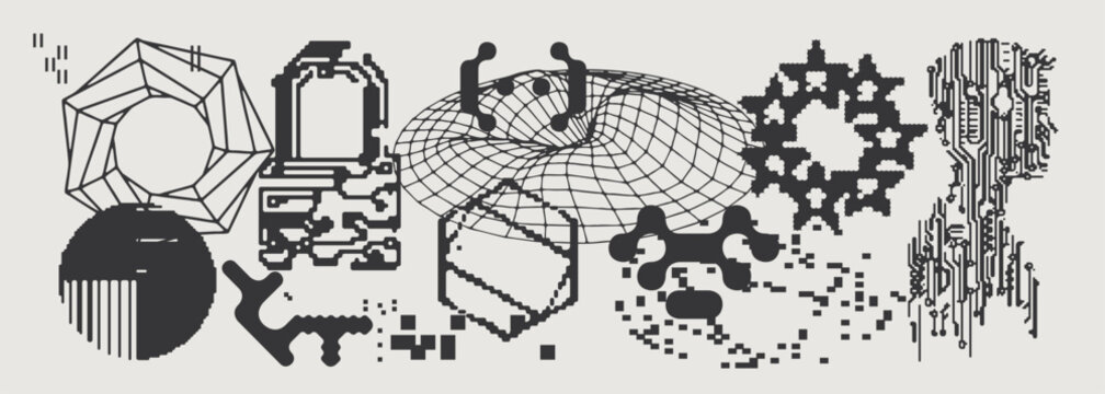 Abstract Vector Graphics Collection, Y2K Brutalist Style, Cyberpunk Glitch Elements, Pixelated Geometric Shapes.