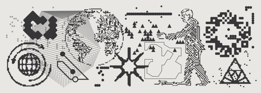 Abstract Vector Graphics Collection, Y2K Brutalist Style, Cyberpunk Glitch Elements, Pixelated Geometric Shapes.