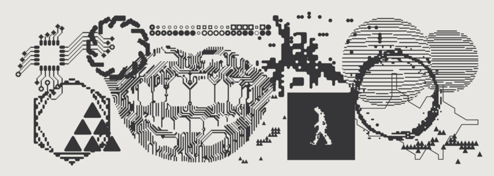 Abstract Vector Graphics Collection, Y2K Brutalist Style, Cyberpunk Glitch Elements, Pixelated Geometric Shapes.