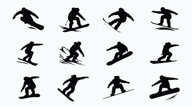 Dynamic silhouettes of snowboarders performing mid air tricks and jumps in a grid of action packed poses ideal for winter sports designs