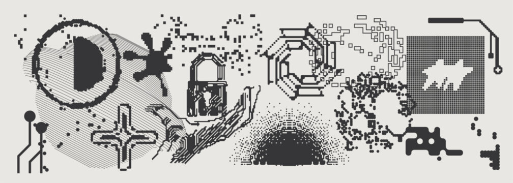 Abstract Vector Graphics Collection, Y2K Brutalist Style, Cyberpunk Glitch Elements, Pixelated Geometric Shapes.