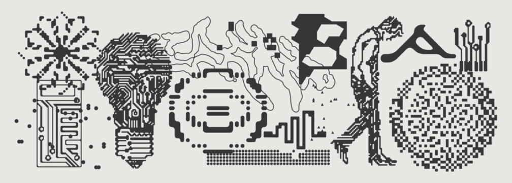 Abstract Vector Graphics Collection, Y2K Brutalist Style, Cyberpunk Glitch Elements, Pixelated Geometric Shapes.