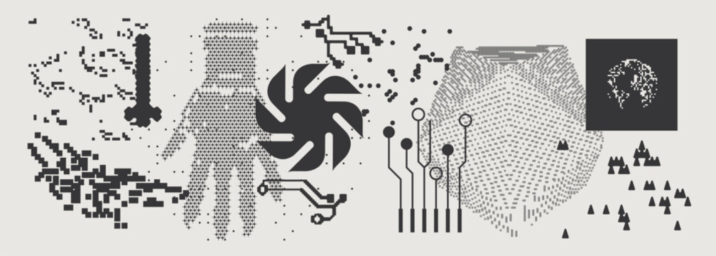 Abstract Vector Graphics Collection, Y2K Brutalist Style, Cyberpunk Glitch Elements, Pixelated Geometric Shapes.