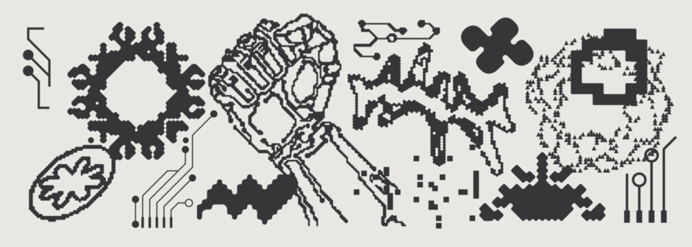 Abstract Vector Graphics Collection, Y2K Brutalist Style, Cyberpunk Glitch Elements, Pixelated Geometric Shapes.