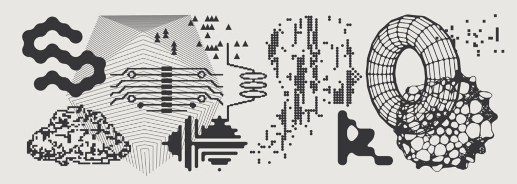Abstract Vector Graphics Collection, Y2K Brutalist Style, Cyberpunk Glitch Elements, Pixelated Geometric Shapes.