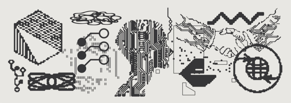 Abstract Vector Graphics Collection, Y2K Brutalist Style, Cyberpunk Glitch Elements, Pixelated Geometric Shapes.
