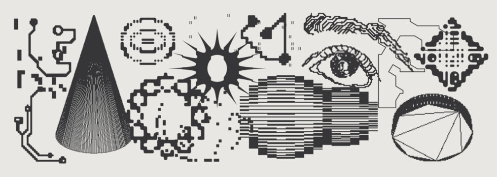 Abstract Vector Graphics Collection, Y2K Brutalist Style, Cyberpunk Glitch Elements, Pixelated Geometric Shapes.