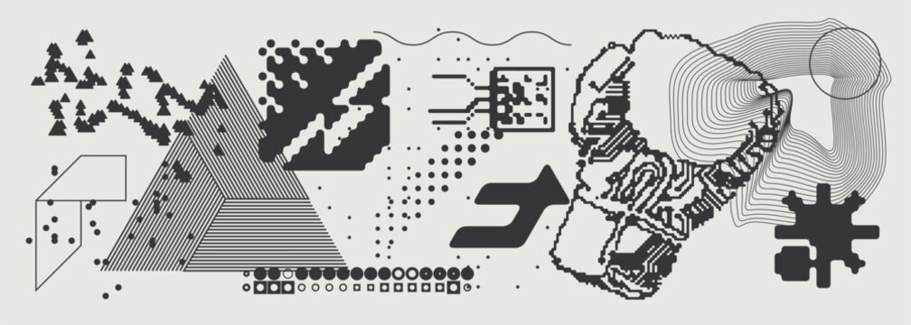 Abstract Vector Graphics Collection, Y2K Brutalist Style, Cyberpunk Glitch Elements, Pixelated Geometric Shapes.