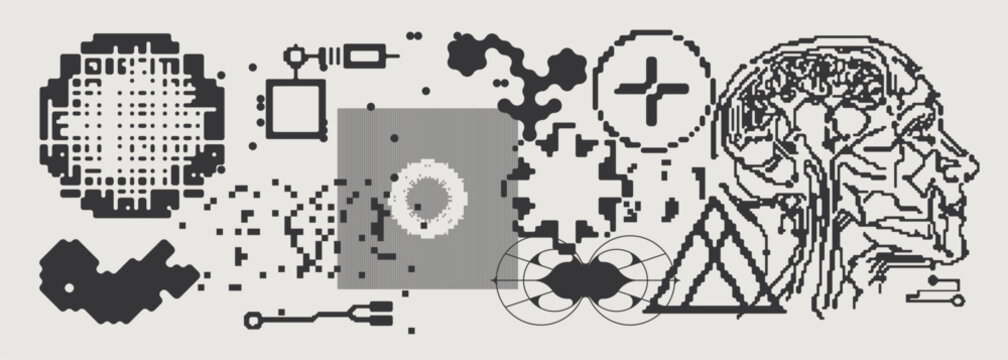 Abstract Vector Graphics Collection, Y2K Brutalist Style, Cyberpunk Glitch Elements, Pixelated Geometric Shapes.