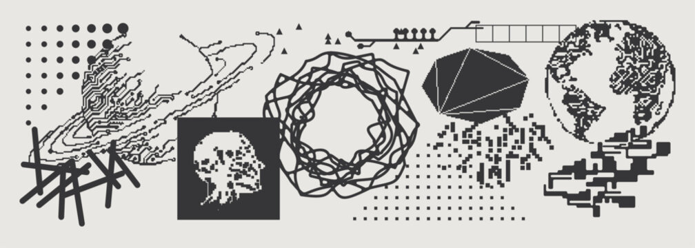 Abstract Vector Graphics Collection, Y2K Brutalist Style, Cyberpunk Glitch Elements, Pixelated Geometric Shapes.