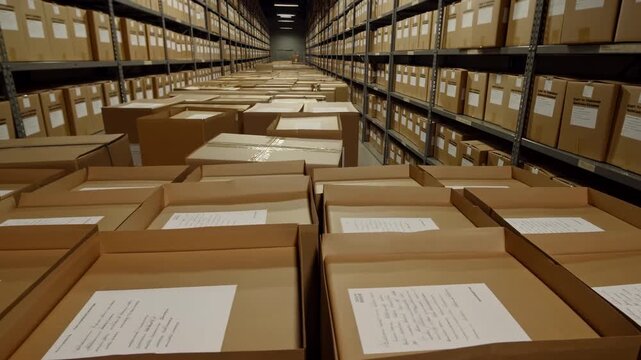 Warehouse Environment Featuring Orderly Shelving And Archival Boxes Under Warm Lighting Conditions